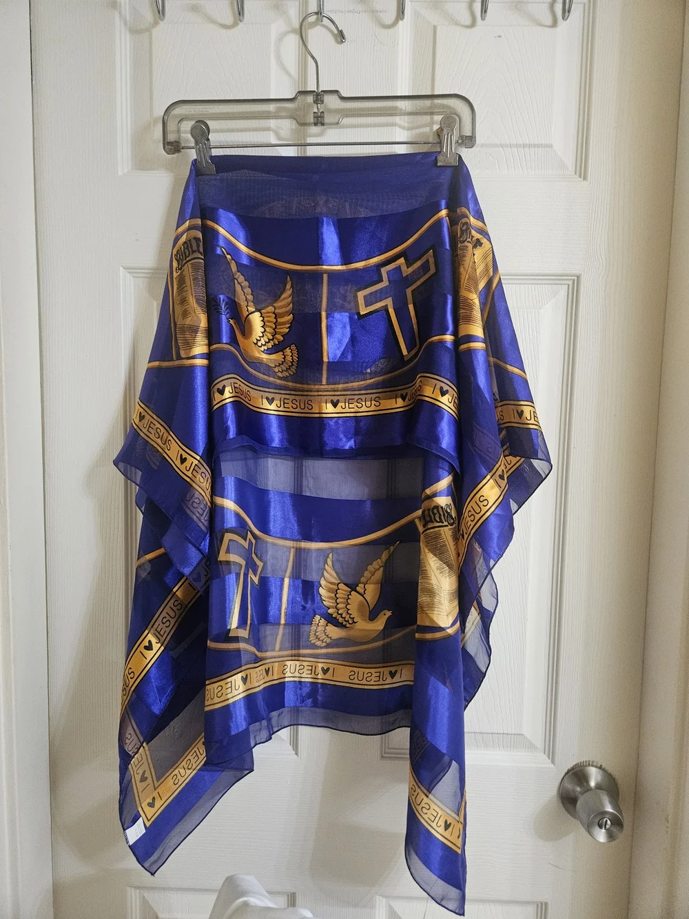 White & Gold Religious Print Satin Scarf - Picture 11 of 12